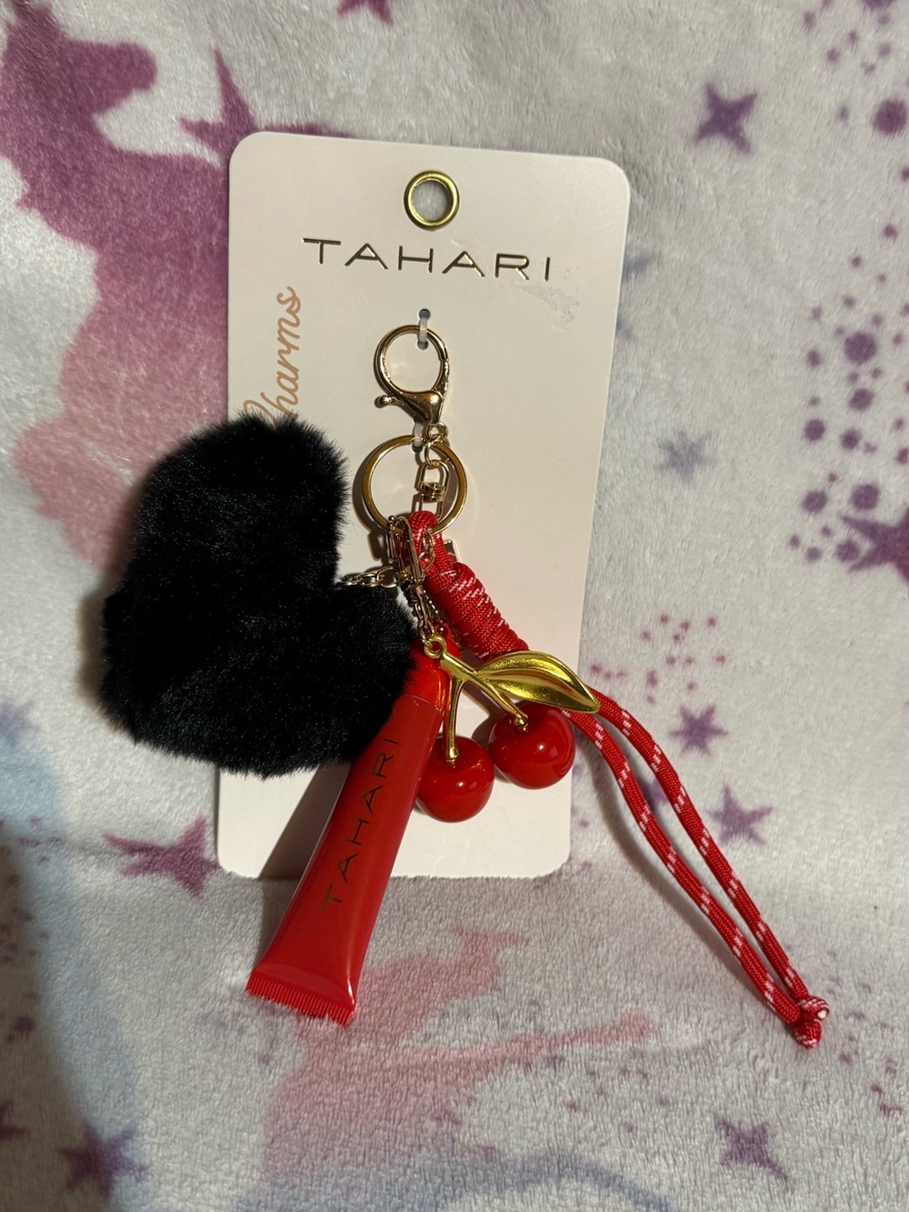Tahari Red Cherry & Black Faux Fur Key Charm with Gold Hardware Bag Charm
